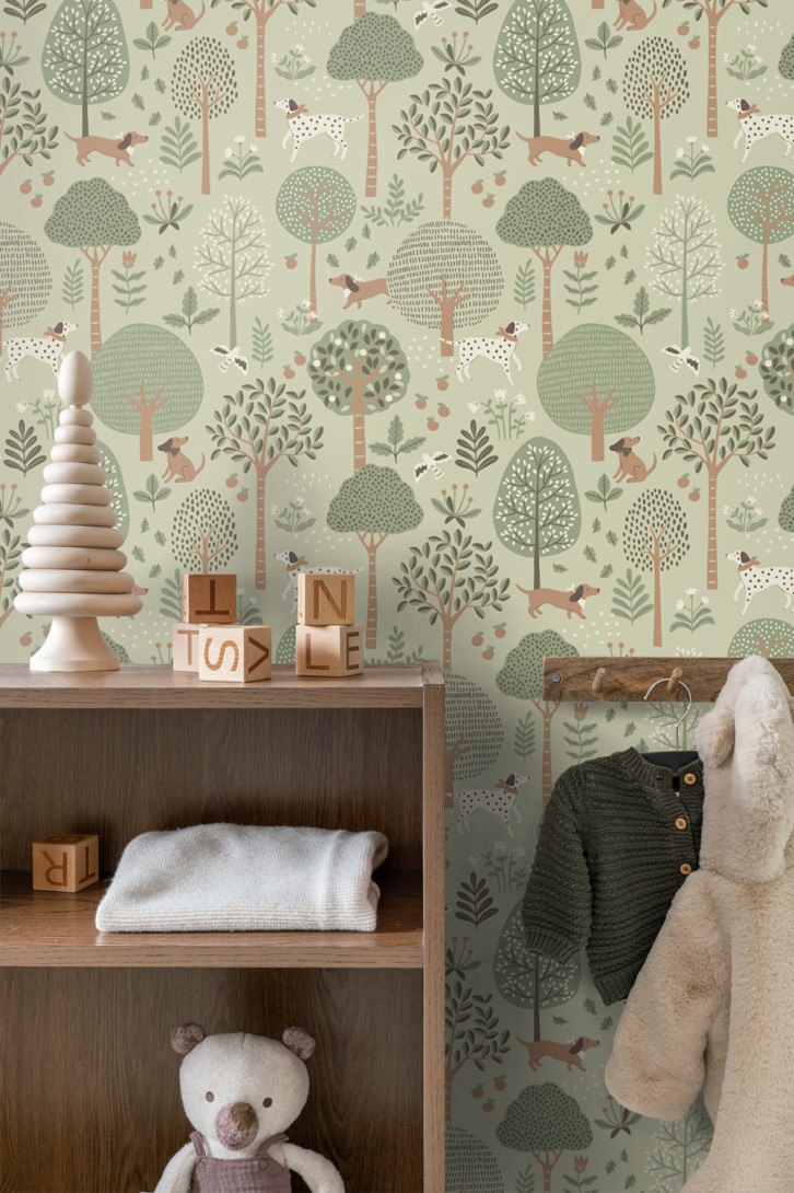 Esta 139712 Pom Pom Pie Dogs grayed mint green - tapeta dziecięca w psy i drzewa