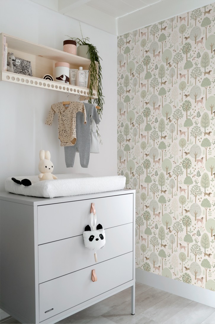 Esta 139709 Pom Pom Pie Dogs grayed mint green and white - tapeta dziecięca w psy i drzewa