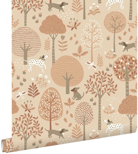 Esta 139711 Pom Pom Pie Dogs beige and terracotta pink - tapeta dziecięca w psy i drzewa