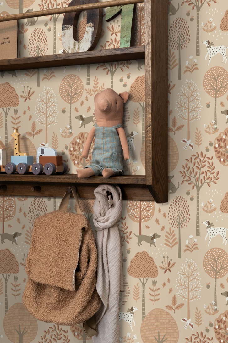Esta 139711 Pom Pom Pie Dogs beige and terracotta pink - tapeta dziecięca w psy i drzewa