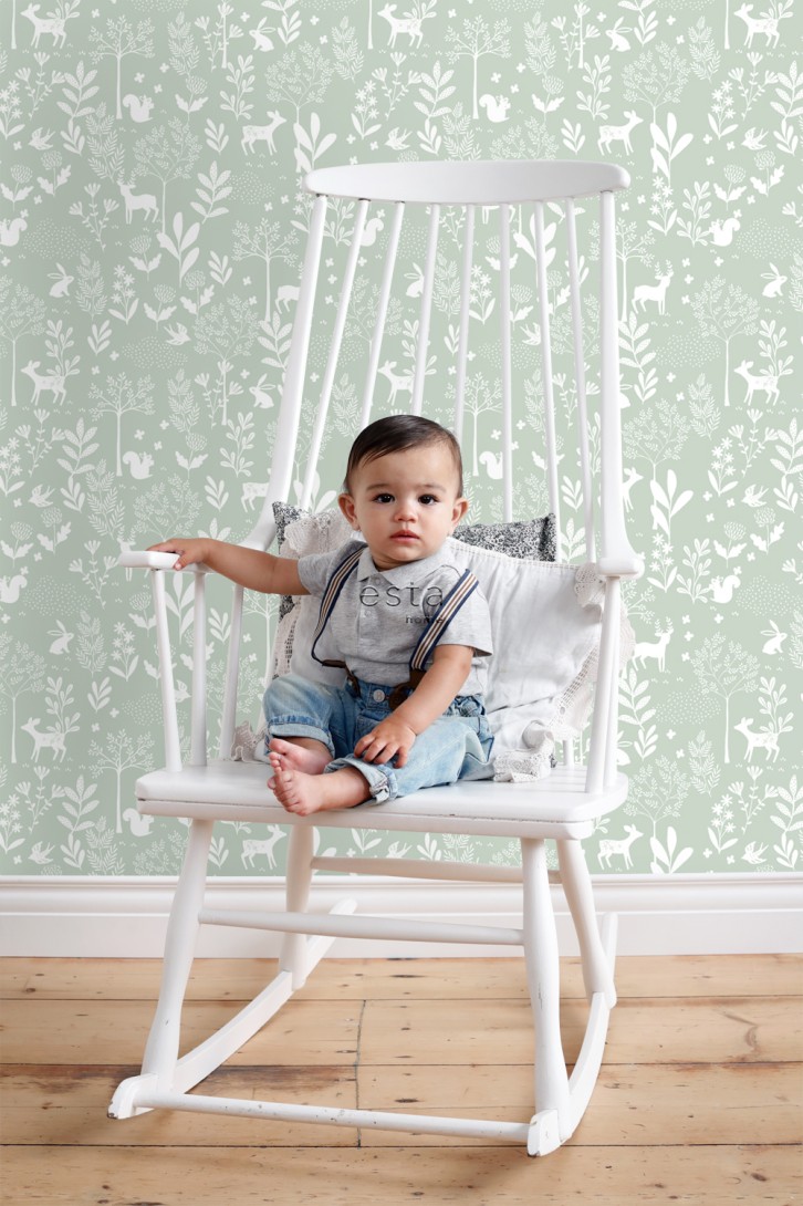 Esta 139524 Pom Pom Pie Forest with forest animals mint green - tapeta dziecięca w leśny motyw