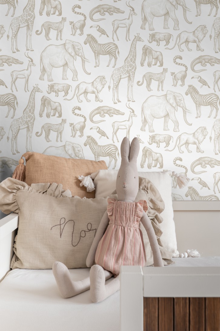 Esta 139690 Pom Pom Pie Jungle animals white and beige - tapeta dla dzieci w egzotyczne zwierzęta