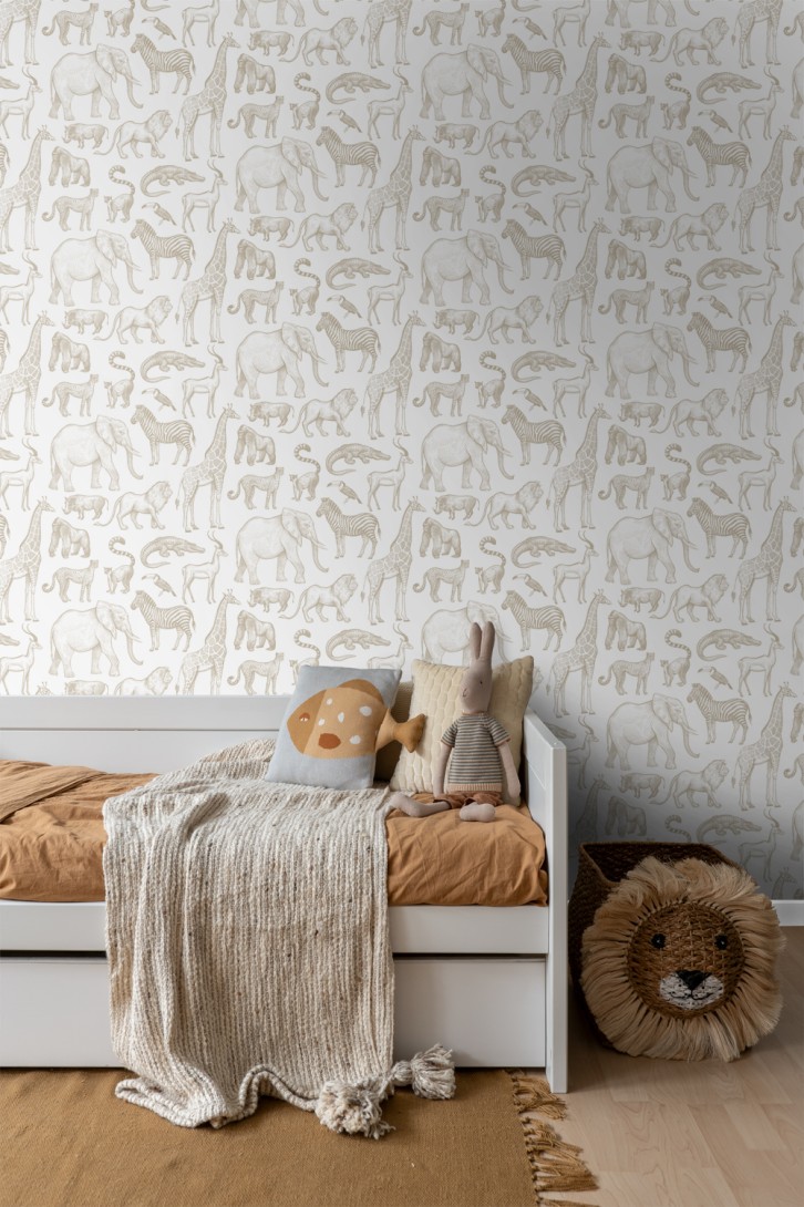 Esta 139690 Pom Pom Pie Jungle animals white and beige - tapeta dla dzieci w egzotyczne zwierzęta