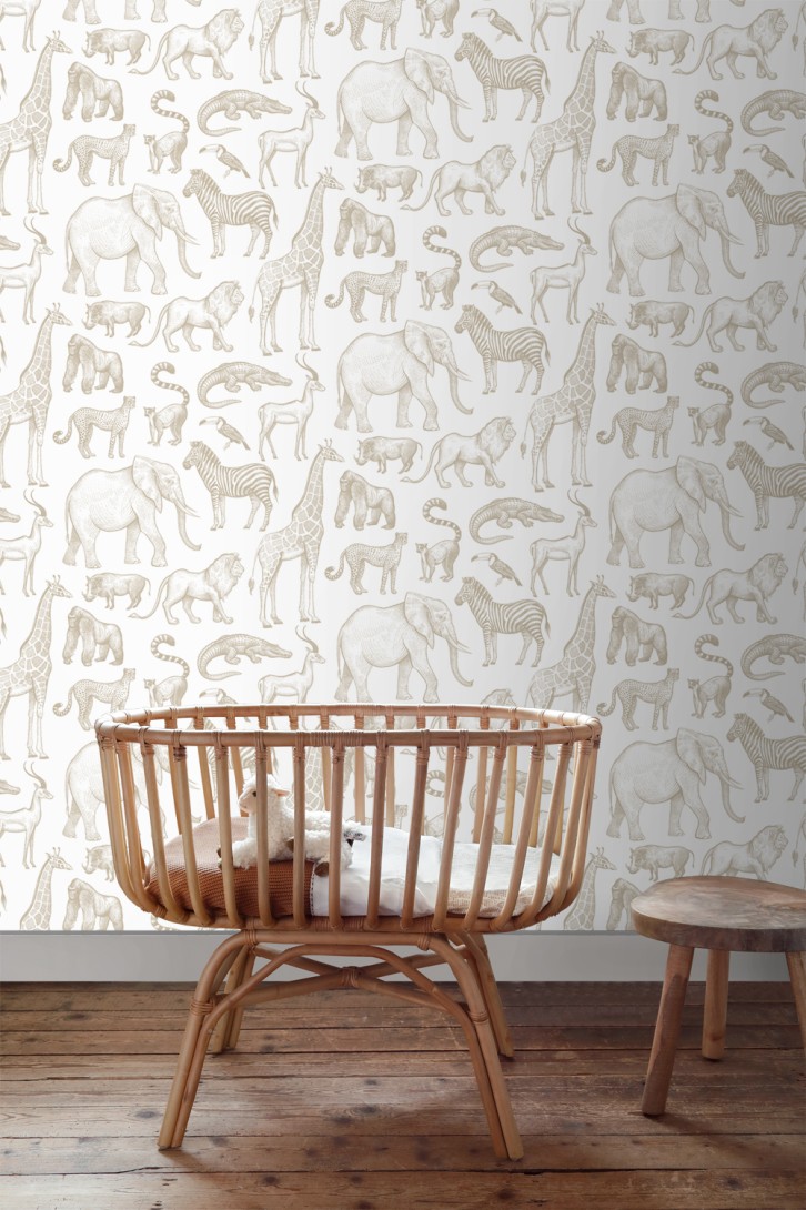 Esta 139690 Pom Pom Pie Jungle animals white and beige - tapeta dla dzieci w egzotyczne zwierzęta