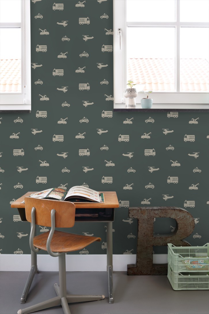 Esta 131400 Pom Pom Pie Cars fire trucks helicopters and cranes dark green - tapeta dziecięca w pojazdy