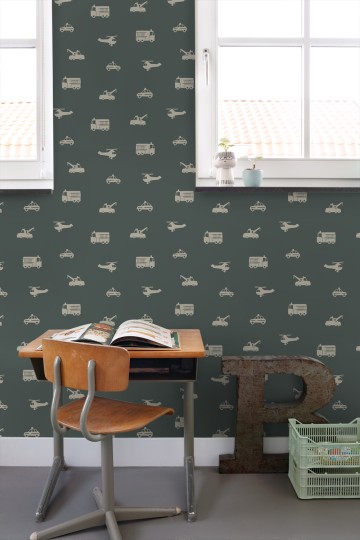 Esta 131400 Pom Pom Pie Cars fire trucks helicopters and cranes dark green - tapeta dziecięca w pojazdy