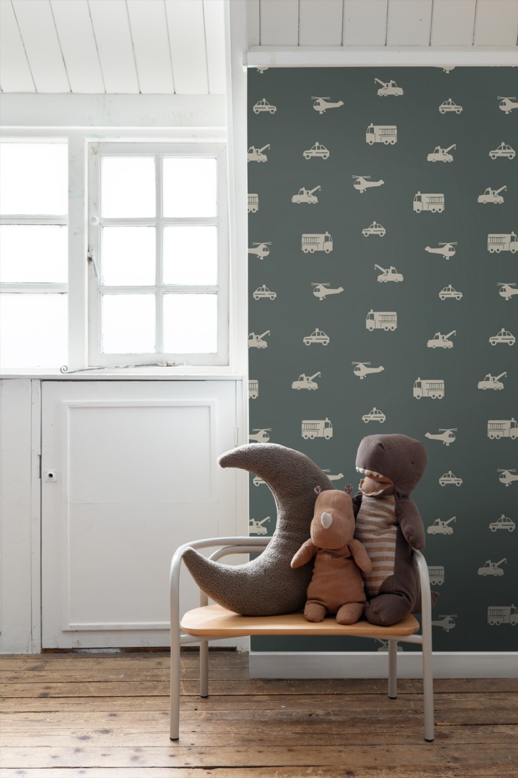 Esta 131400 Pom Pom Pie Cars fire trucks helicopters and cranes dark green - tapeta dziecięca w pojazdy