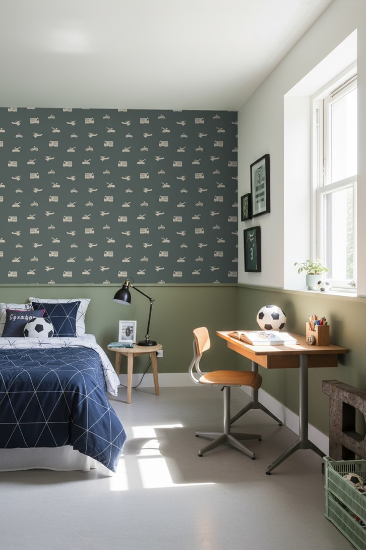 Esta 131400 Pom Pom Pie Cars fire trucks helicopters and cranes dark green - tapeta dziecięca w pojazdy