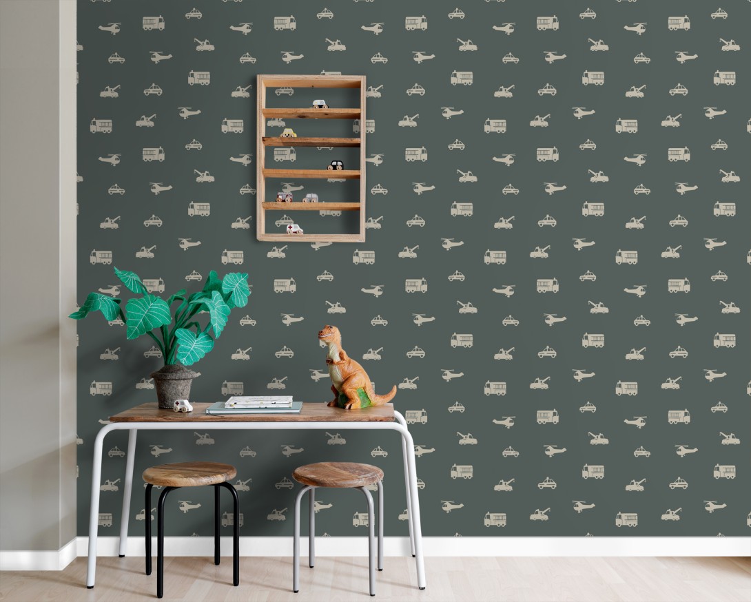 Esta 131400 Pom Pom Pie Cars fire trucks helicopters and cranes dark green - tapeta dziecięca w pojazdy