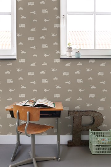 Esta 131399 Pom Pom Pie Cars fire trucks helicopters and cranes taupe - tapeta dziecięca w pojazdy