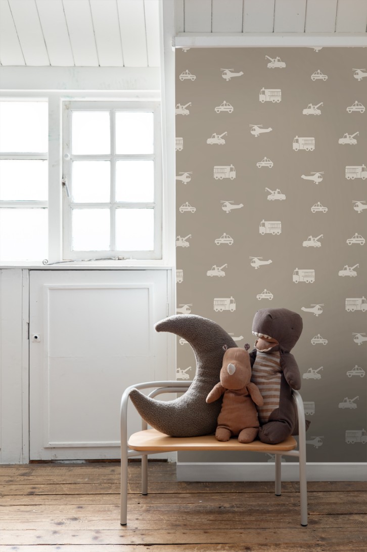 Esta 131399 Pom Pom Pie Cars fire trucks helicopters and cranes taupe - tapeta dziecięca w pojazdy