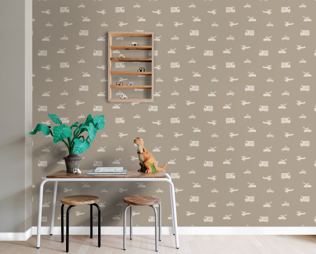 Esta 131399 Pom Pom Pie Cars fire trucks helicopters and cranes taupe - tapeta dziecięca w pojazdy
