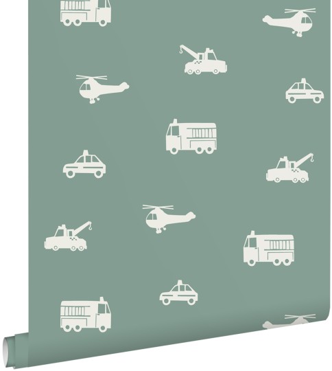 Esta 131398 Pom Pom Pie Cars fire trucks helicopters and cranes grayed vintage blue - tapeta dziecięca w pojazdy