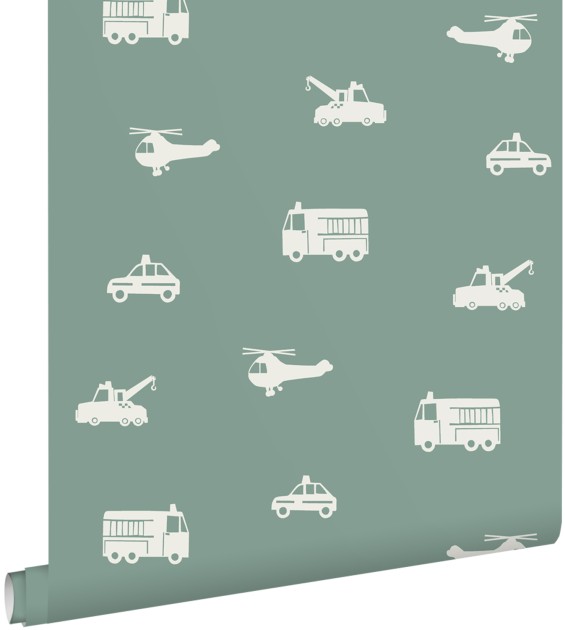 Esta 131398 Pom Pom Pie Cars fire trucks helicopters and cranes grayed vintage blue - tapeta dziecięca w pojazdy