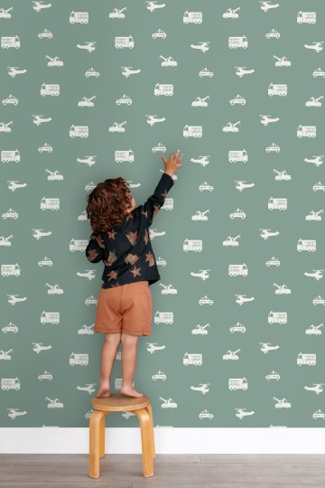 Esta 131398 Pom Pom Pie Cars fire trucks helicopters and cranes grayed vintage blue - tapeta dziecięca w pojazdy