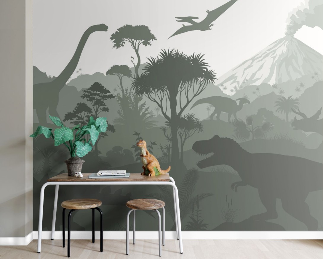 Esta 159491 Pom Pom Pie Dinosaurs dark green - mural dla dzieci w dinozaury