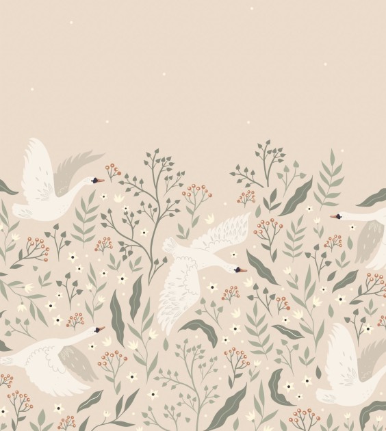 Esta 159427 Pom Pom Pie Swans beige white and grayish green - mural dla dzieci w łabędzie