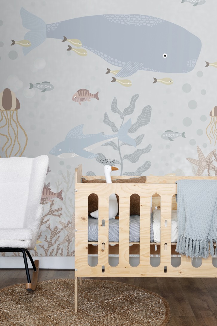 Esta 159243 Pom Pom Pie Underwater world grayed vintage blue - mural dla dzieci w podwodny krajobraz