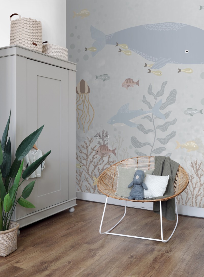 Esta 159243 Pom Pom Pie Underwater world grayed vintage blue - mural dla dzieci w podwodny krajobraz