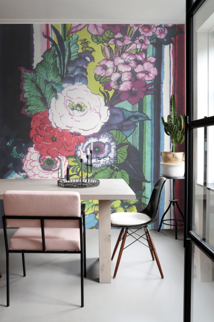 Esta 158115 Pretty Nostalgic flowers black red blue white and green - mural w kwiaty i paski