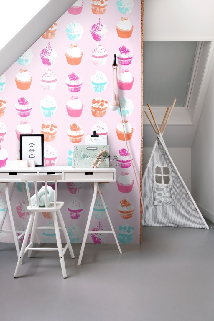 Esta 158715 Walls for Kids XL2 Cupcakes pink blue white and orange - tapeta dla dzieci w babeczki