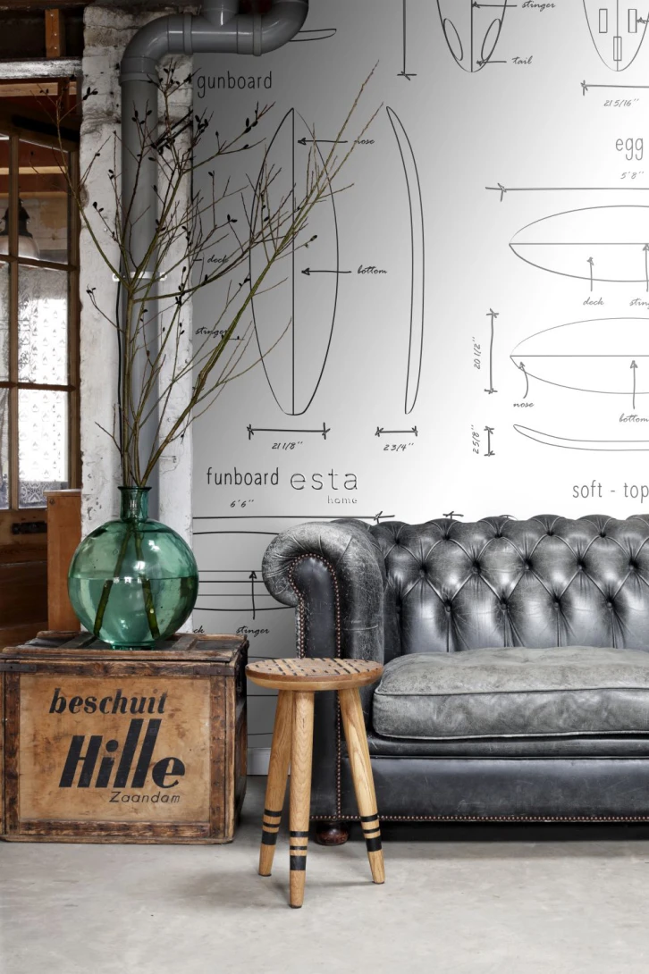Esta 158848 Walls for Kids XL2 Technical drawings of surfboards black and white - mural w techniczne rysunki