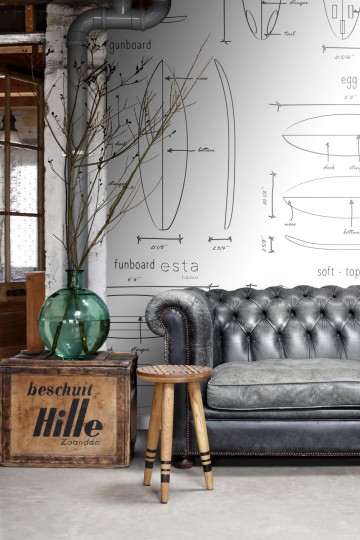 Esta 158848 Walls for Kids XL2 Technical drawings of surfboards black and white - mural w techniczne rysunki