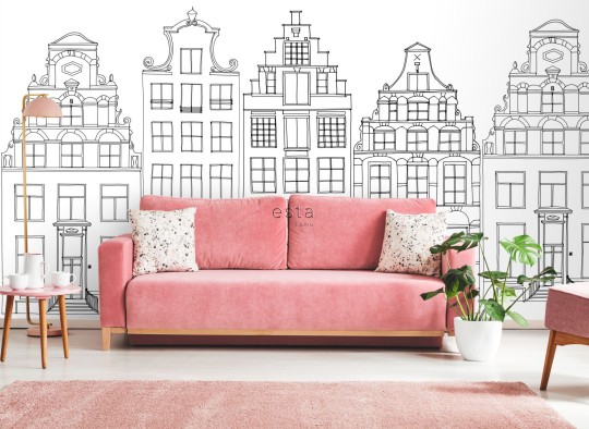 Esta 158834 Walls for Kids XL2 drawn Amsterdam canal houses black and white - mural dla dzieci w kamienice