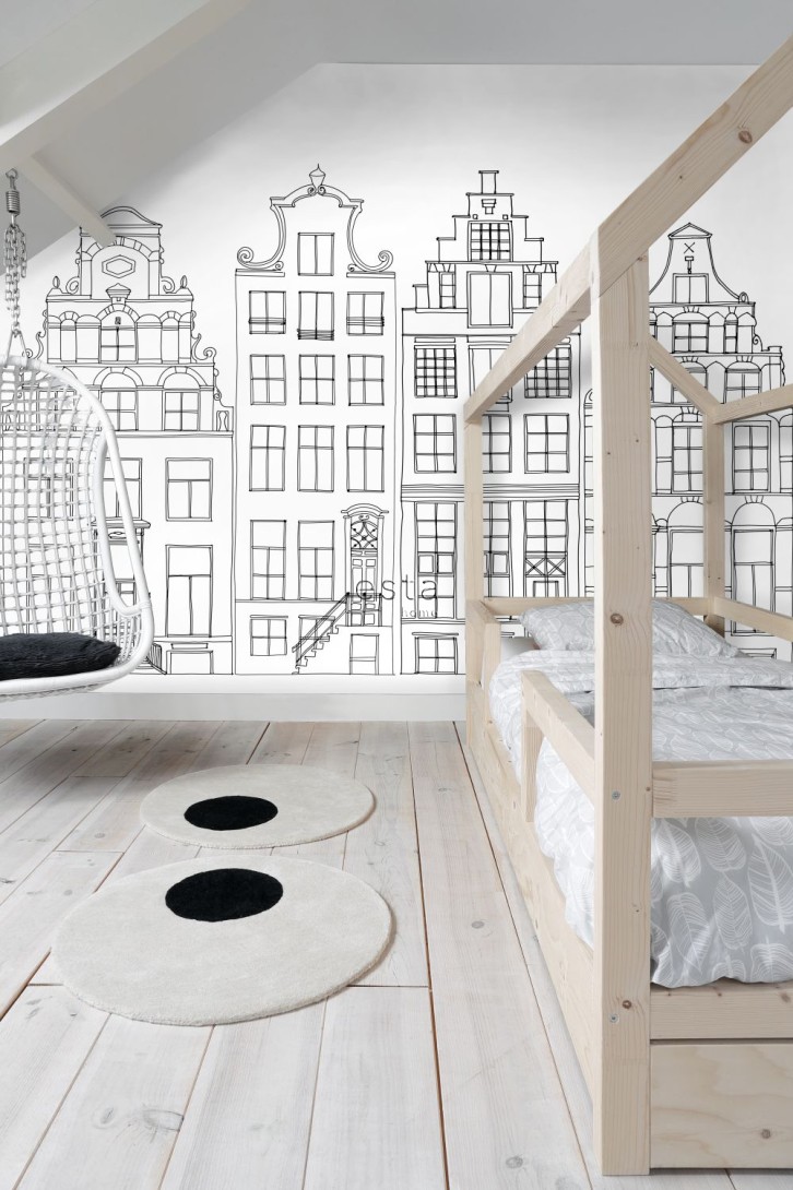 Esta 158833 Walls for Kids XL2 Drawn Amsterdam canal houses black and white - mural dla dzieci w kamienice