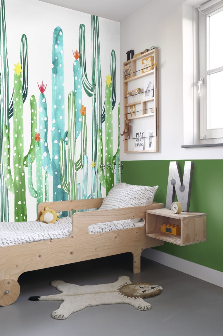 Esta 158829 XL² Photowalls aquarel painted flowering cactus tropical jungle green and turquoise - mural w akwarelowe kaktusy