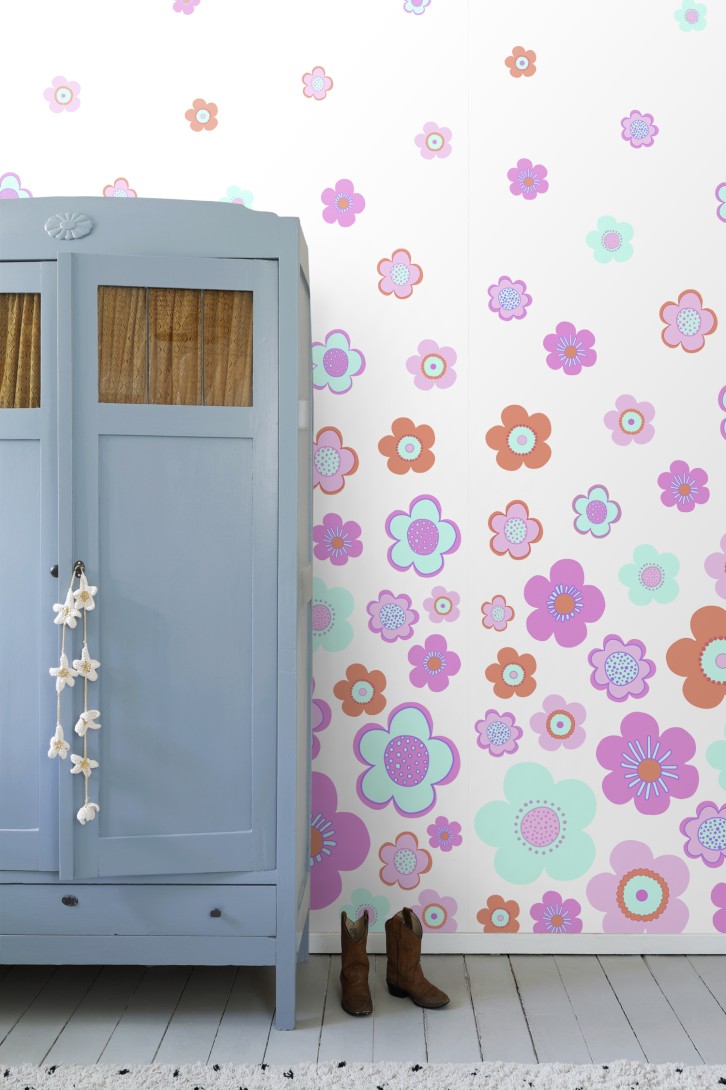 Esta 158709 Walls for Kids XL2 Vintage flowers turquoise pink and purple - mural dla dzieci w kwiaty