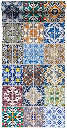 Esta 158603 XL² Photowalls XXL Spanish tiles blue orange green and beige - tapeta imitująca płytki w stylu hiszpańskim