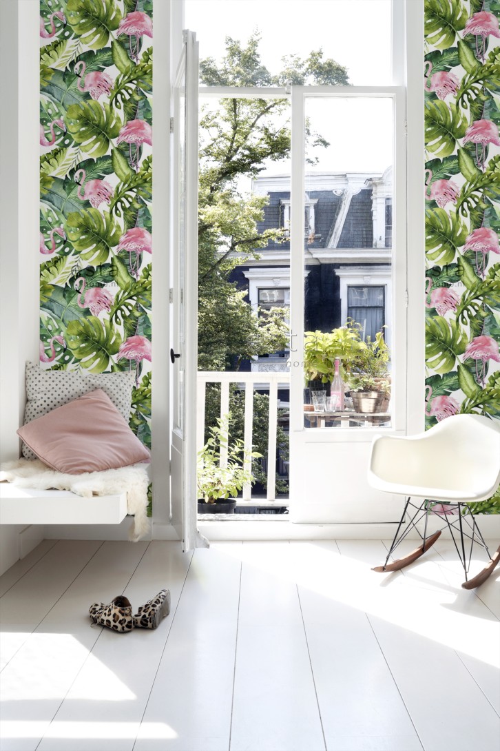 Esta 158895 XL² Photowalls XXL tropical leaves with flamingos green and pink - tapeta w egzotyczne rośliny i flamingi