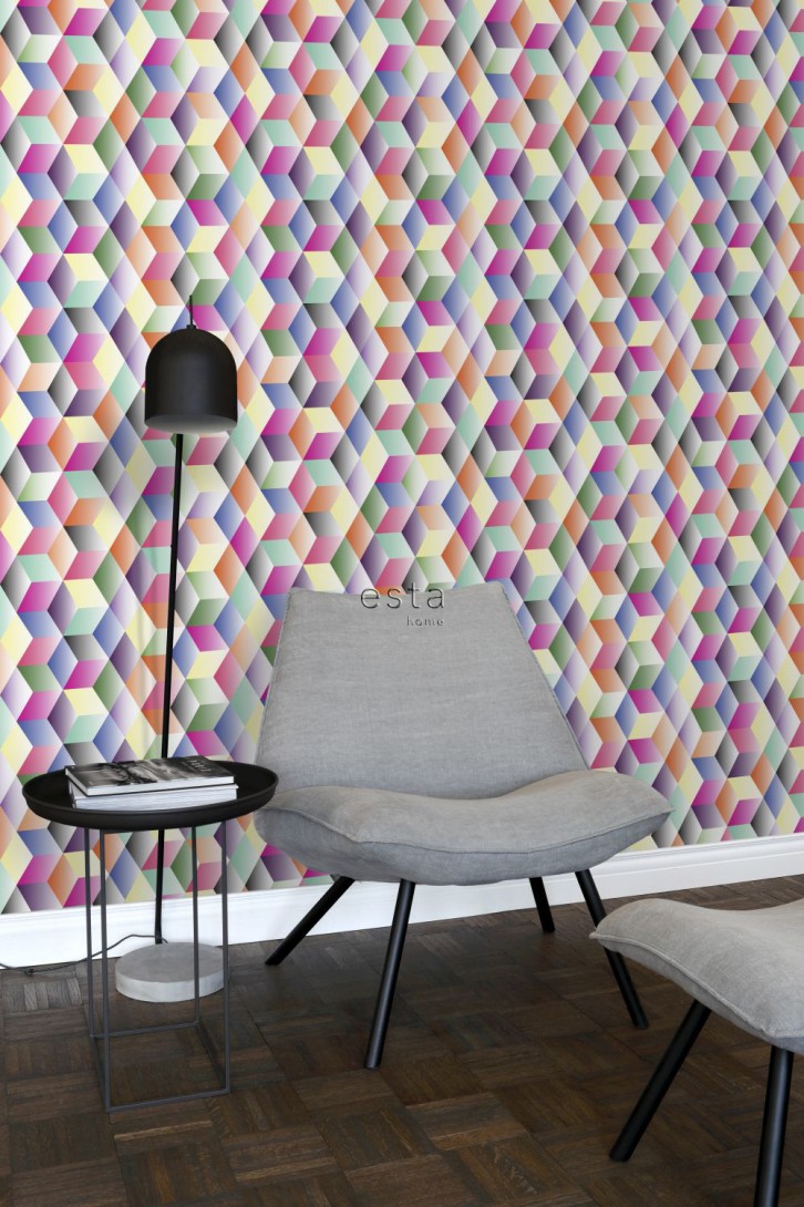 Esta 158913 XL² Photowalls XXL 3D cubes pink yellow green and blue - tapeta geometryczna 3D