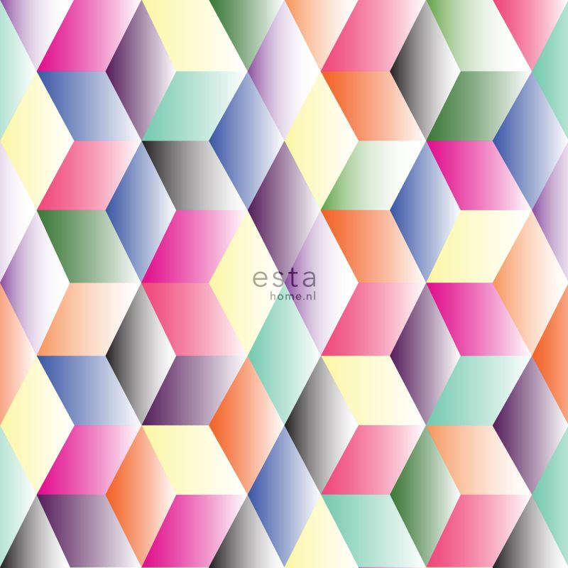 Esta 158913 XL² Photowalls XXL 3D cubes pink yellow green and blue - tapeta geometryczna 3D
