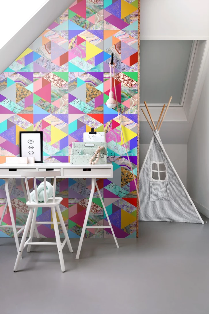 Esta 158914 XL² Photowalls XXL triangles with marble effect yellow blue pink and green - tapeta w trójkąty z efektem marmuru