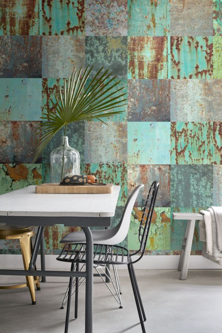 Esta 158203 XL² Photowalls XXL patchwork rusty weathered metal plates sea green and brown - tapeta imitująca zardzewiały metal