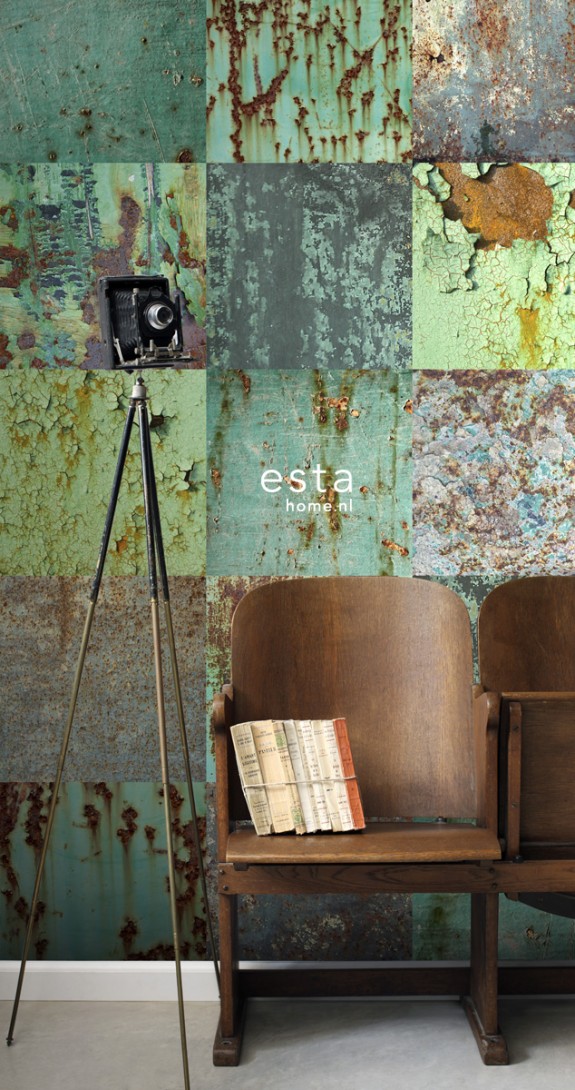 Esta 158203 XL² Photowalls XXL patchwork rusty weathered metal plates sea green and brown - tapeta imitująca zardzewiały metal