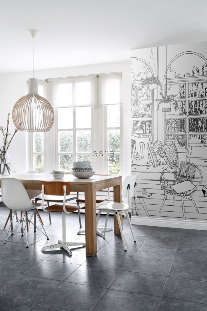 Esta 158812 XL² Photowalls drawing living room black and white - mural w graficzny salon