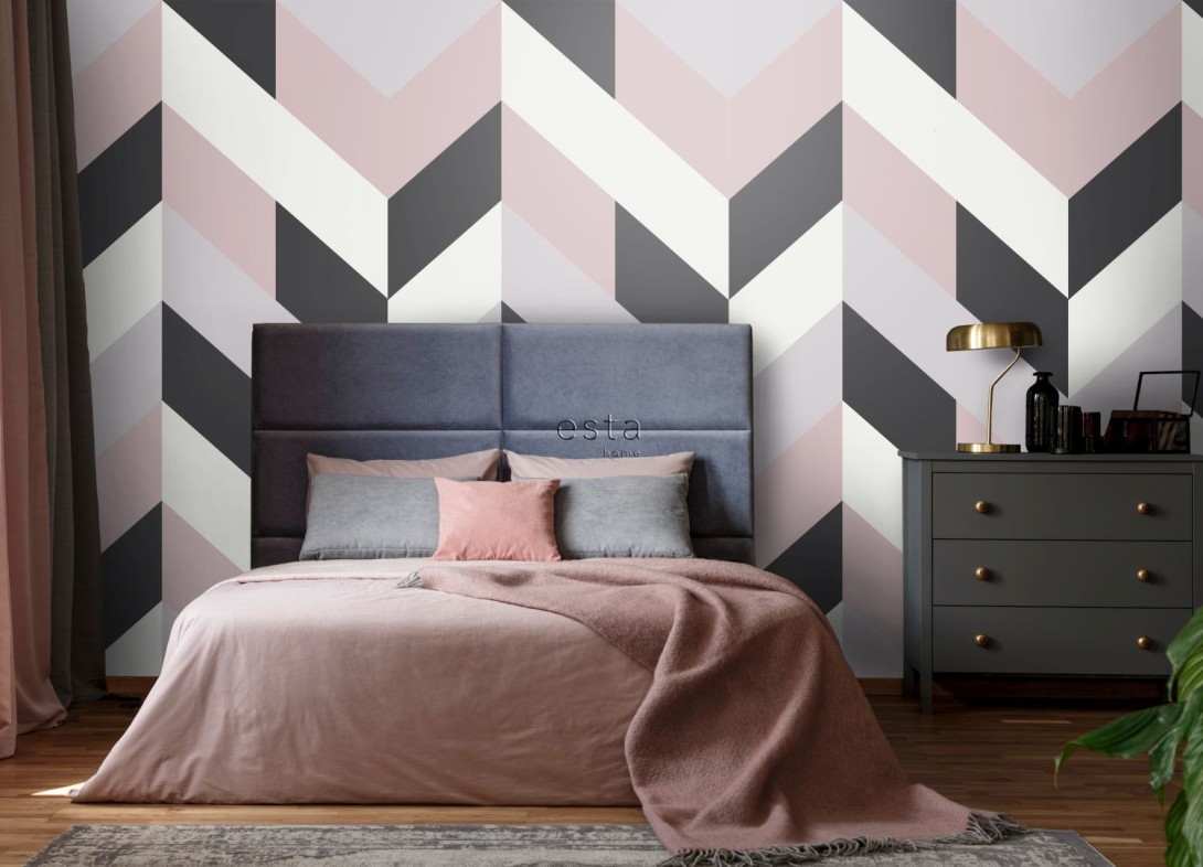 Esta 158902 XL² Photowalls herring bone pattern black white and antique pink - mural w jodełkę