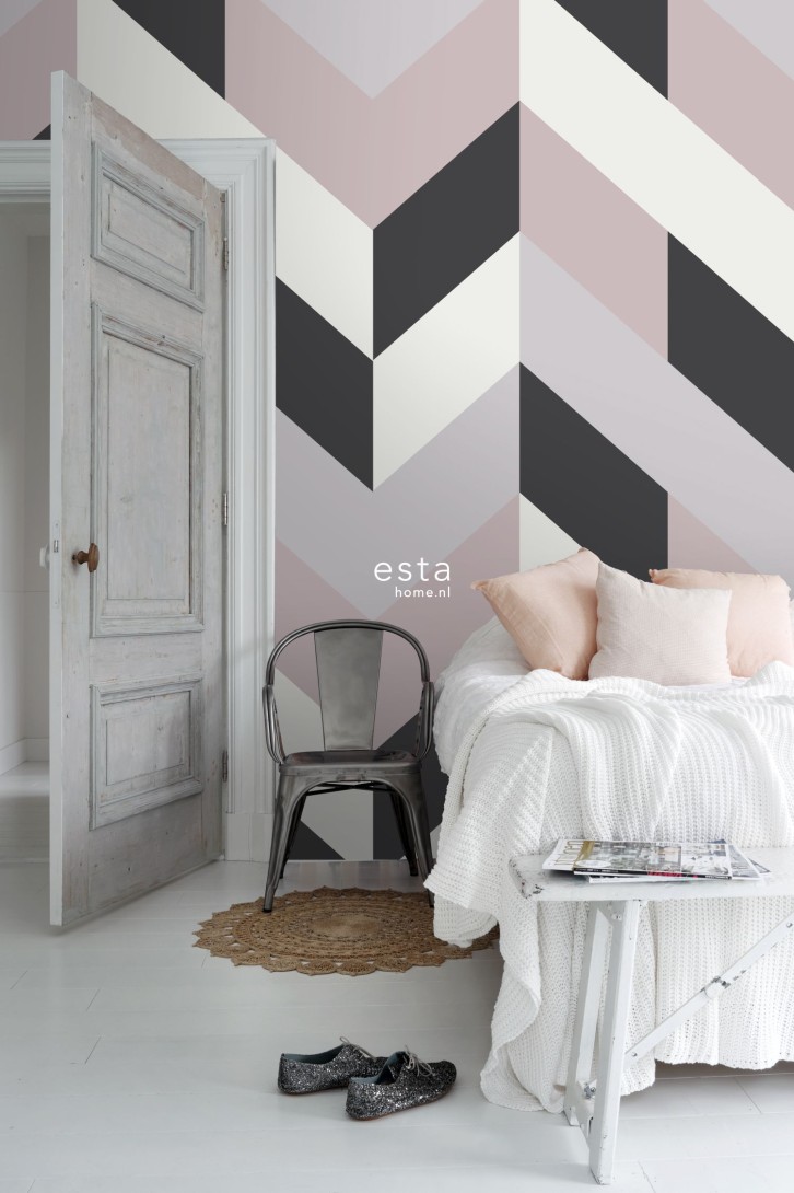 Esta 158902 XL² Photowalls herring bone pattern black white and antique pink - mural w jodełkę