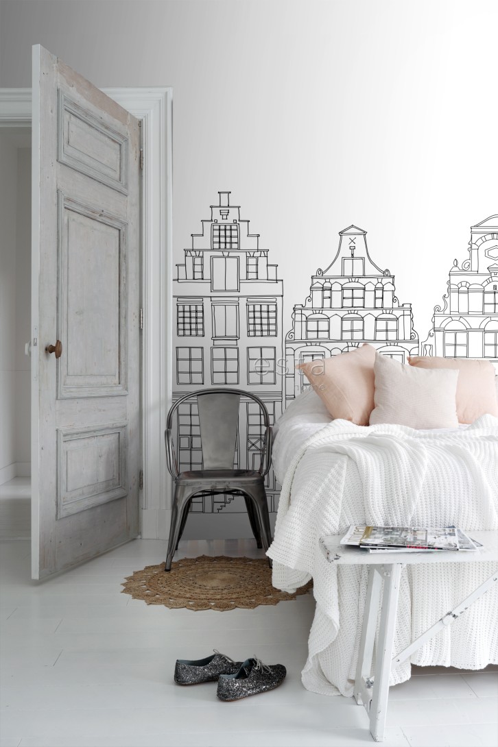Esta 159104 XL² Photowalls drawn Amsterdam canal houses black and white - mural w kamienice w Amsterdamie