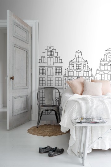 Esta 159104 XL² Photowalls drawn Amsterdam canal houses black and white - mural w kamienice w Amsterdamie
