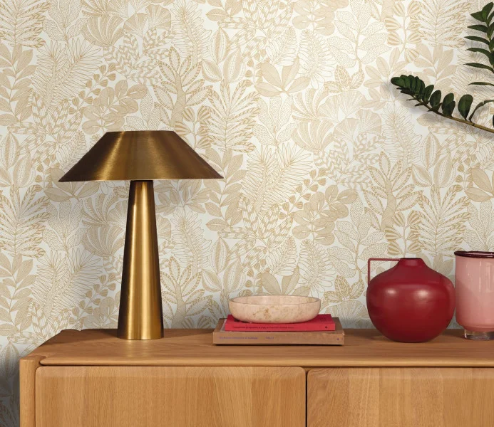 Caselio MNL3107160287 Moonlight 3 Golden Jungle Blanc or - tapeta w egzotyczne rośliny