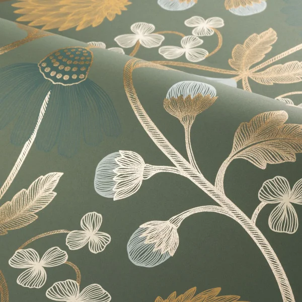 Casamance 70450712 Isadora Hippolyte Vert de gris/doré - tapeta w kwiaty w stylu vintage