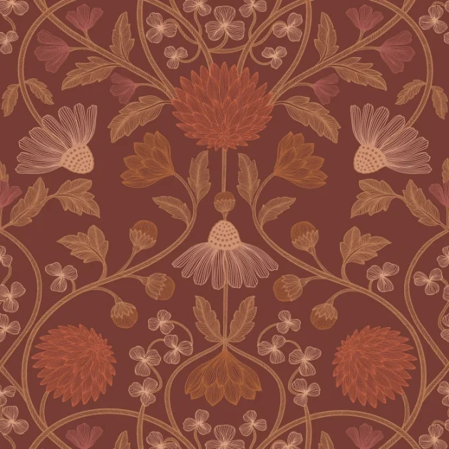 Casamance 70450814 Isadora Hippolyte Bordeaux/cuivré - tapeta w kwiaty w stylu vintage