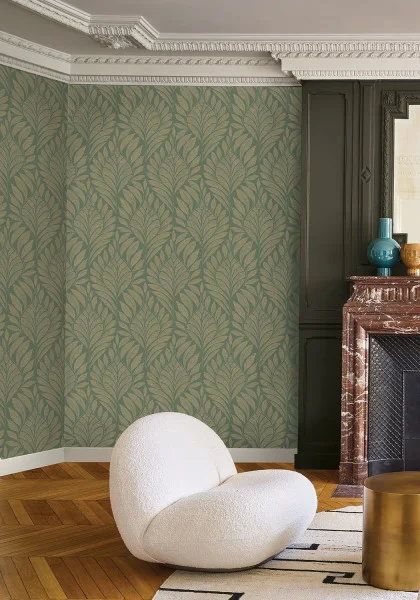 Casamance A74772752 Isadora Gustav Vert de gris/doré - tapeta w liście