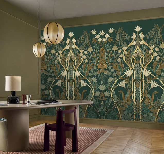 Casamance 70733058 Isadora Salon Des Miroirs Pétrole/doré - mural w roślinny wzór