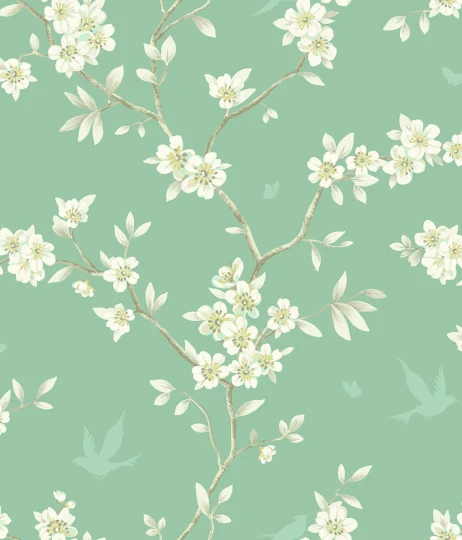 Wallquest CH30204 Chinoiserie Hanami Trail Marine Green - tapeta w gałęzie i kwiaty