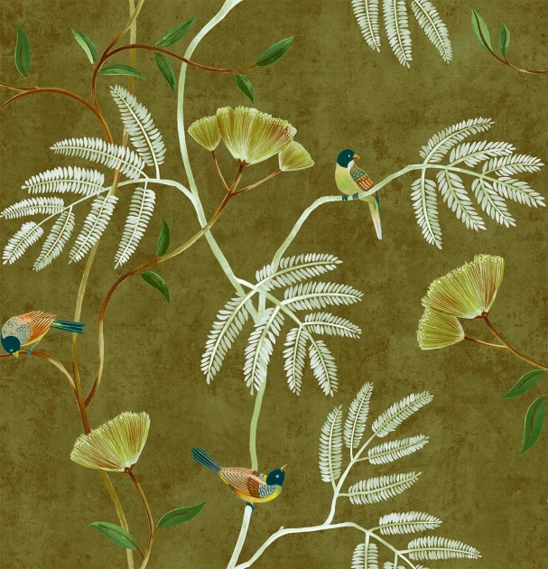 Wallquest CH30305 Chinoiserie Kohana Branch Tan - tapeta w ptaki i kwiaty